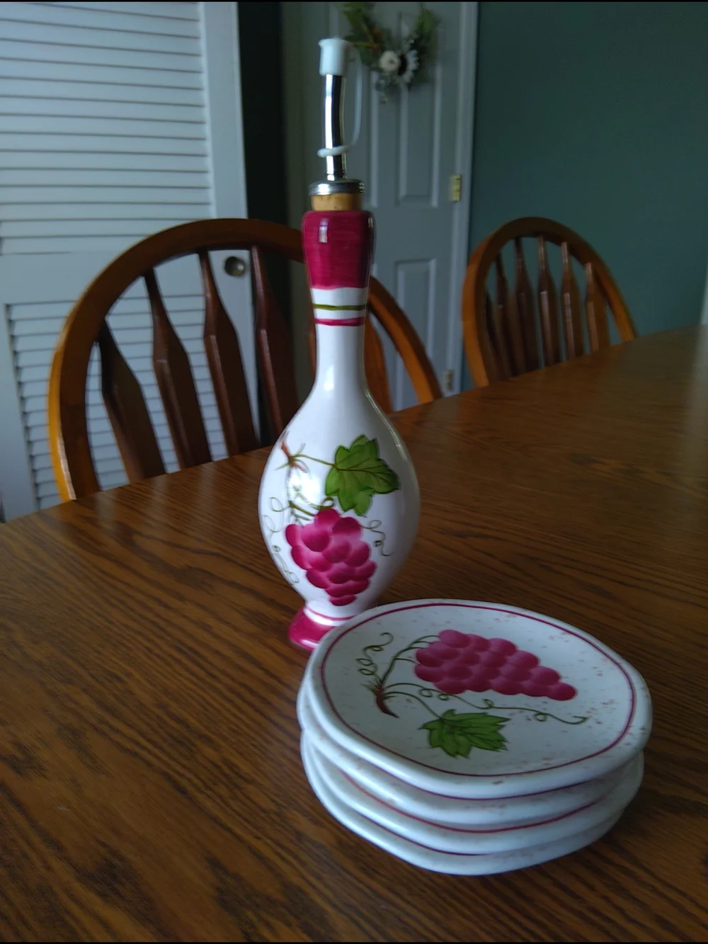 Vintage Hand-Painted Pink Grape Ceramic Oil Cruet with Matching Coasters